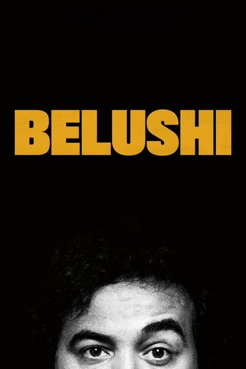 The poster features a close-up of a person's face with intense, piercing eyes against a stark black background. The bold, yellow text "BELUSHI" dominates the top, creating a striking contrast that suggests mystery and intrigue.