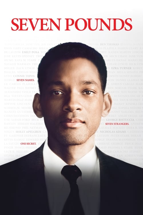 The poster features a close-up of Will Smith in a sharp suit against a white background, exuding confidence and authority. The bold red title "SEVEN POUNDS" dominates the top, while smaller text hints at the film's themes of ambition and success. The overall composition conveys a powerful, dramat...