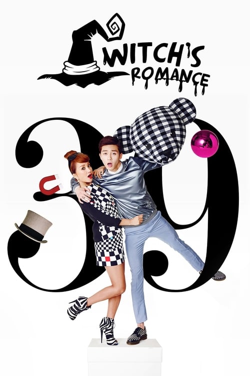 The poster features a man and woman in a playful dance, surrounded by whimsical elements like a witch hat, a magnifying glass, and a potion bottle. The bold black and white color scheme, along with the playful font, creates a fun and magical atmosphere, hinting at a romantic comedy with supernatu...