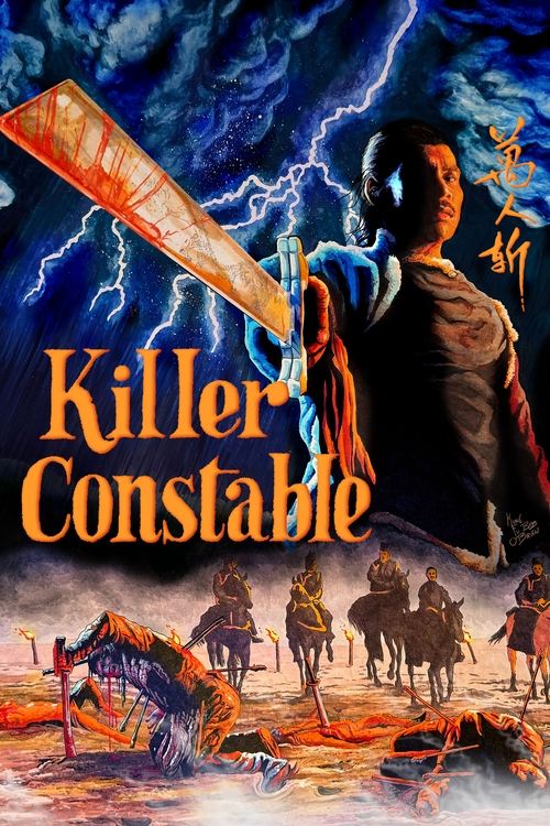 The poster features a dramatic scene with a lone constable holding a sword against a stormy sky, surrounded by other riders in a desert landscape. The colors are intense, with deep blues, fiery oranges, and dark tones creating a sense of danger and adventure. The mood is mysterious and thrilling,...