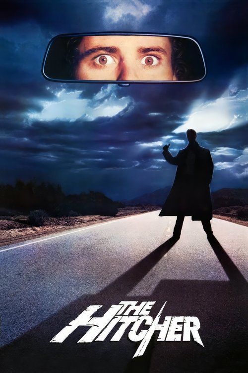 The poster features a silhouette of a man walking down a dark road, with a reflection of his face in a rearview mirror above. The sky is filled with ominous clouds, creating a suspenseful and eerie atmosphere. The title "The Hitcher" is prominently displayed at the bottom, suggesting a thriller o...