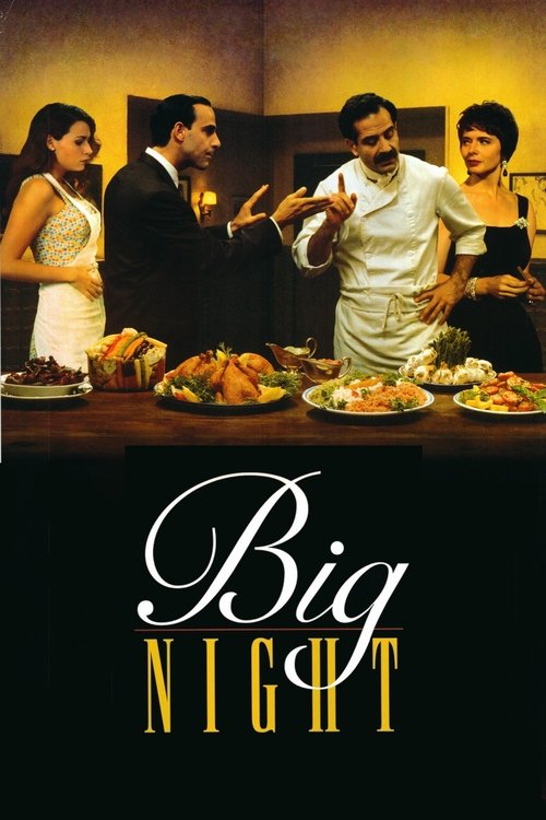 The poster features a dramatic scene with four characters in a dimly lit restaurant, illuminated by warm yellow lighting. A man in a white chef's uniform gestures dramatically while another man in a suit watches intently. A woman in a white dress stands beside him, and a woman in a black dress is...