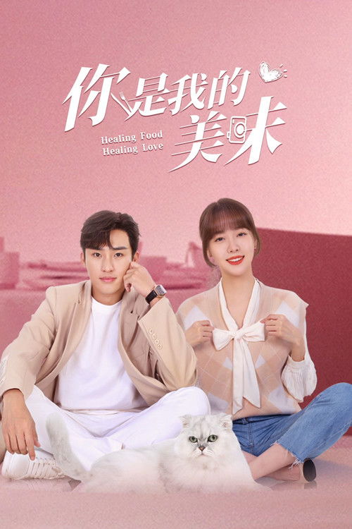 The poster features two people sitting on a pink couch, exuding warmth and comfort. The soft pink background enhances the cozy, healing atmosphere. The title "Healing Food, Healing Love" is prominently displayed in elegant Chinese characters, suggesting a story about connection and emotional heal...