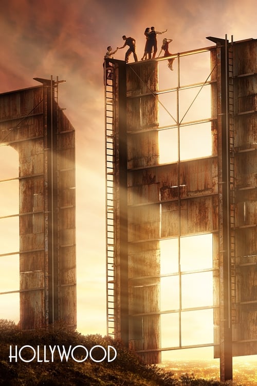 The poster features silhouetted figures climbing a tall building, bathed in warm golden light that suggests a dramatic sunset. The title "HOLLYWOOD" is prominently displayed in bold, white letters at the bottom left, evoking the glamour of the entertainment industry. The composition conveys a sen...