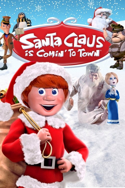 The poster features a cheerful Santa Claus in a red suit, surrounded by festive characters like a boy with a trumpet, a man in a cowboy hat, and a woman in a blue dress. The snowy background and bright colors create a joyful, magical atmosphere, emphasizing the holiday spirit.