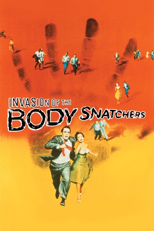 The poster features a surreal scene with people running through a fiery orange sky, their silhouettes blending into the background. The title "Invasion of the Body Snatchers" is prominently displayed in bold, white letters. The overall mood is mysterious and adventurous, with warm tones evoking a...