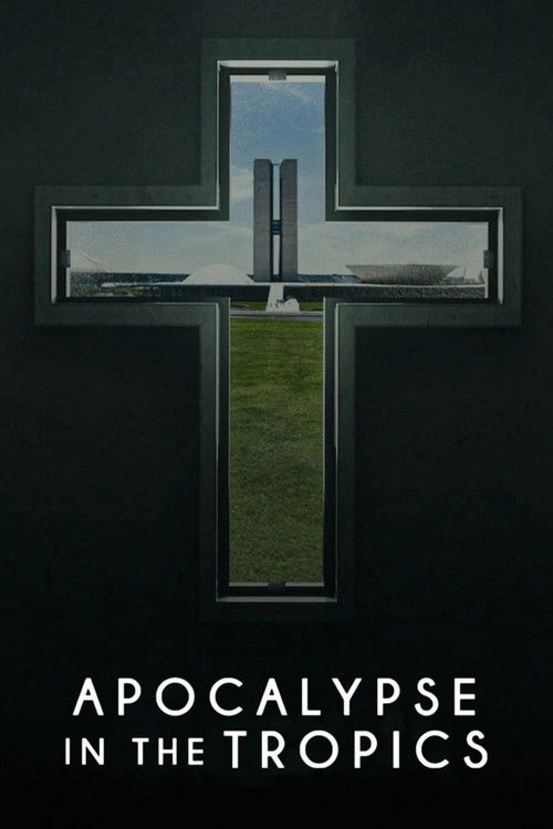 The poster features a dark, ominous cross with a window revealing a serene tropical landscape. The muted green grass and blue sky contrast sharply with the dark tones, creating a mysterious and eerie atmosphere. The title "Apocalypse in the Tropics" is prominently displayed at the bottom, suggest...