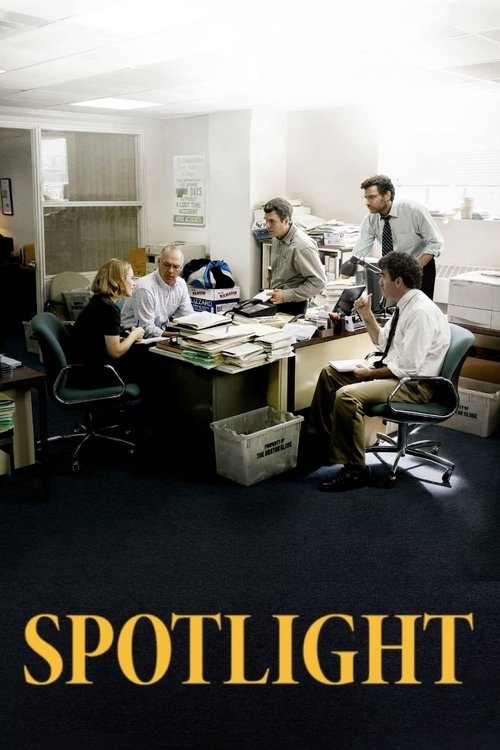 The poster captures a tense office scene with a group of people gathered around a cluttered desk, suggesting a high-stakes investigation. The muted tones and shadows evoke a sense of mystery and suspense, while the bold title "SPOTLIGHT" in golden letters adds a dramatic flair.