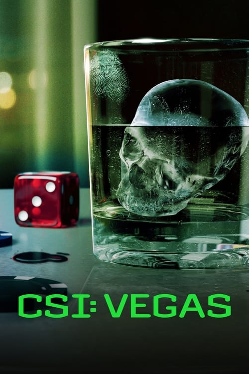 This TV show poster for "CSI: Vegas" features a dramatic scene with a skull floating in a glass of water, accompanied by a red die. The dark, moody atmosphere combined with the eerie skull and vibrant red color creates a suspenseful and mysterious mood.