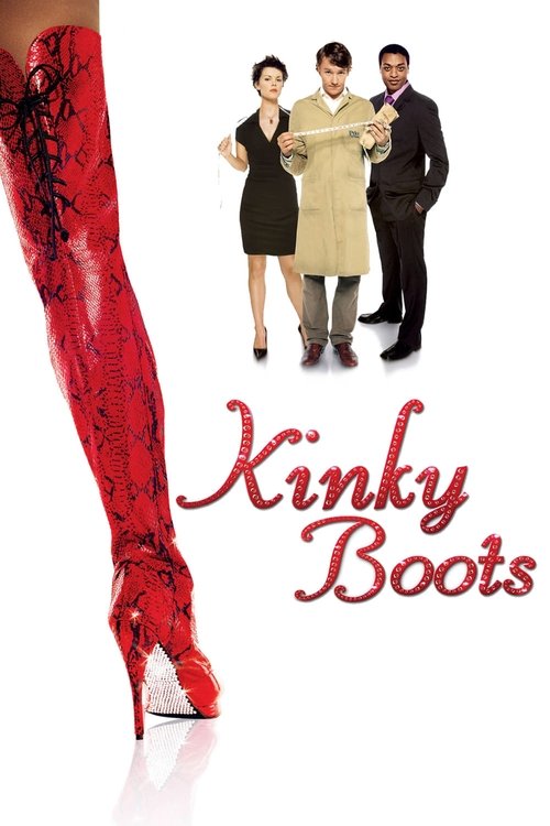 A dramatic movie poster featuring a woman in a black dress, a man in a beige coat, and another man in a dark suit against a stark white background. The title "Kinky Boots" is prominently displayed in red script, emphasizing the film's gritty, action-oriented theme. The image conveys a sense of ur...