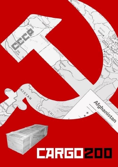 The poster features a bold red background with a white hammer and sickle symbol overlaid on a map of Afghanistan. A transparent cargo box sits prominently in the foreground, suggesting a freight delivery theme. The stark contrast between the red and white creates a dramatic, industrial atmosphere...