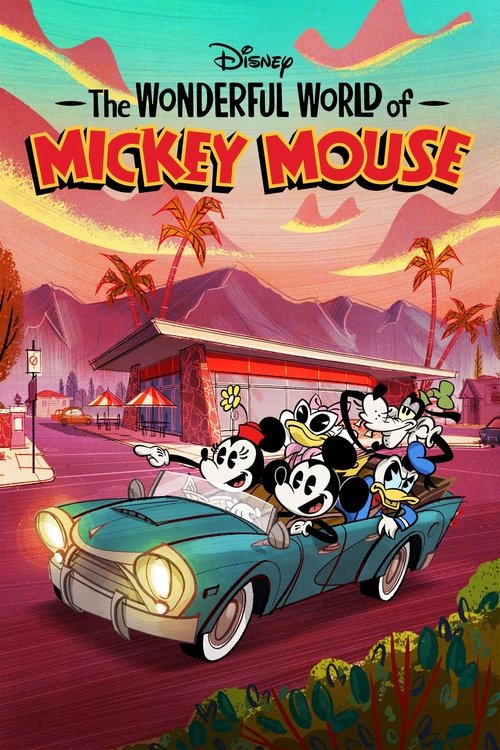 This vibrant poster captures the whimsical charm of Disney's "The Wonderful World of Mickey Mouse." The teal convertible car with Mickey, Minnie, and other characters drives through a colorful, sun-drenched landscape. Palm trees, a pink house, and warm sunset hues evoke a joyful, nostalgic atmosp...