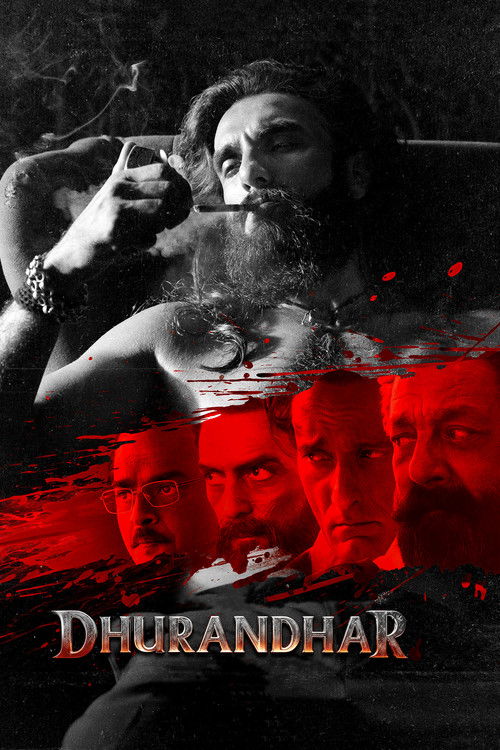 The poster features a dramatic, gritty scene with a bearded man in a dark, moody setting. Red and black tones dominate, creating an intense, suspenseful atmosphere. Four faces are superimposed over the image, suggesting a narrative involving multiple characters. The title "Dhurandhar" is prominen...