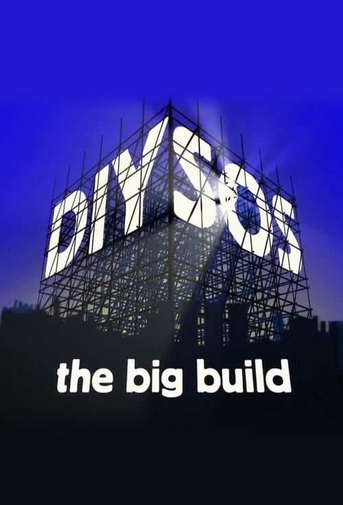 The poster features a dramatic, dark blue night sky with a large, illuminated sign reading "DIY SOS" atop a scaffolding structure. Below, the title "the big build" appears in white text. The scene evokes a sense of industrial ambition and community engagement, blending the gritty reality of const...