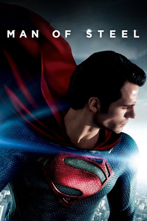 The poster features a powerful Superman-like figure in a dynamic pose, with a red cape flowing dramatically against a dark, moody background. The intense expression and glowing blue energy suggest an epic, heroic tone.