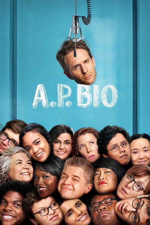 The poster features a group of diverse people with intense, expressive faces, creating a sense of urgency and intrigue. The blue background provides a stark contrast to the warm skin tones, emphasizing the characters' emotions. The title "A.P. Bio" is prominently displayed in white, adding to the...