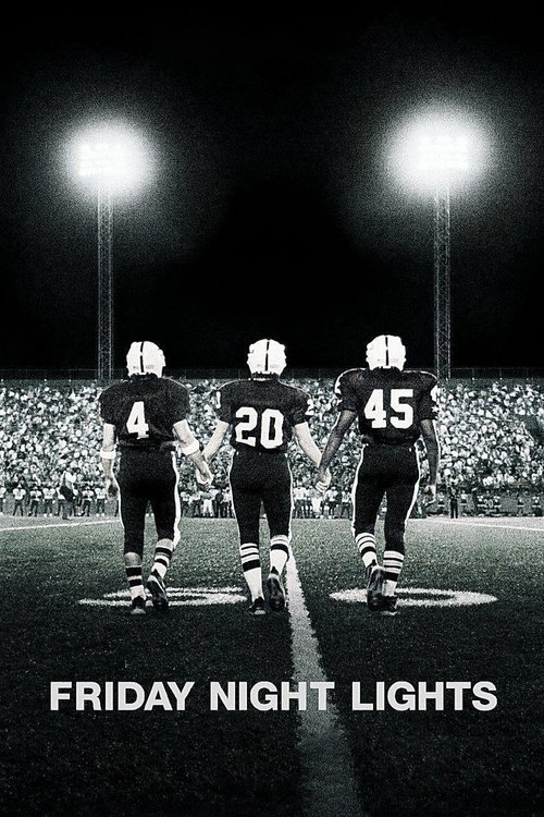 A black-and-white football stadium at night, three players in dark uniforms stand on the field under bright floodlights. The mood is somber and intense, capturing the gritty reality of the game.
