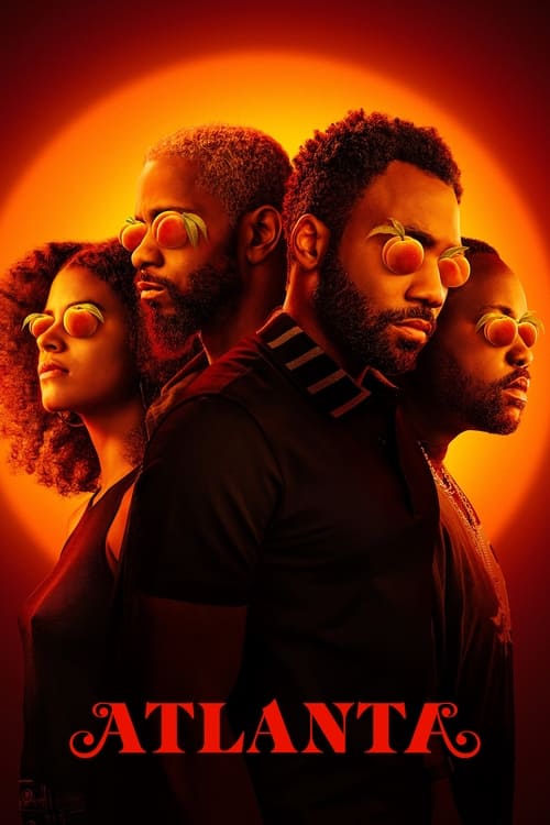The poster features four characters in a dramatic pose against a fiery orange background, conveying a sense of mystery and intensity. The warm tones and intense expressions suggest a thrilling narrative, while the bold red title "Atlanta" anchors the composition with a strong, commanding presence.