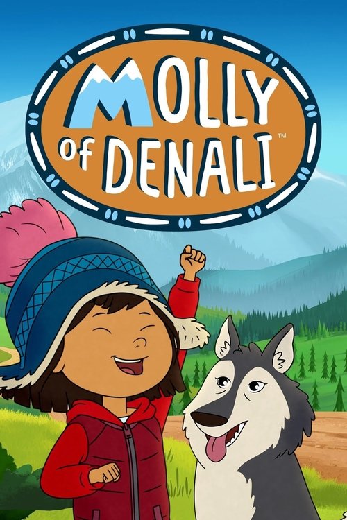 The poster features a cheerful girl in a red jacket and blue hat, smiling with a raised fist, alongside a friendly husky dog. The vibrant colors of the red jacket, blue hat, and green forest create a lively and inviting atmosphere. The playful mood is conveyed through the girl's joyful expression...