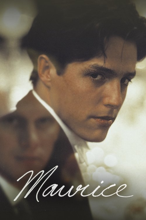 The poster features a close-up of a man with dark hair, his expression serious and contemplative. The background is softly blurred with warm, golden tones, creating an intimate and dramatic atmosphere. The name "Maurice" is elegantly written in cursive at the bottom, emphasizing the film's focus ...