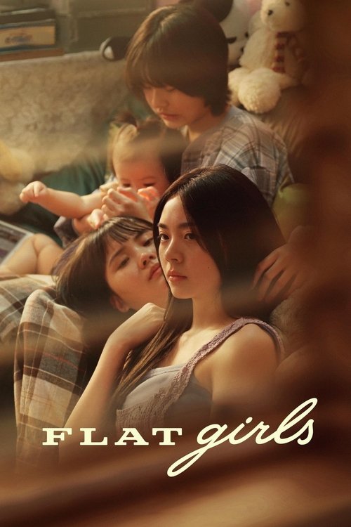 The poster features a warm, nostalgic scene with four young women in casual, comfortable clothing. The soft, golden lighting enhances the cozy, intimate atmosphere. The title "Flat Girls" is elegantly written in a cursive font, suggesting a blend of modern and classic styles. The image evokes the...
