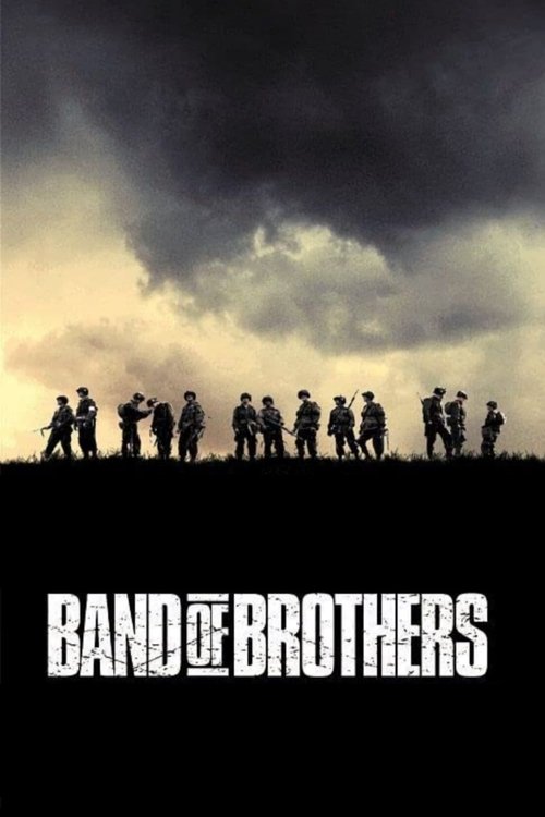 The poster features a dramatic, stormy sky with silhouetted soldiers marching across a dark horizon, evoking a sense of historical tension and solemnity. The bold, distressed title "Band of Brothers" anchors the image, emphasizing the film's intense, gritty narrative.