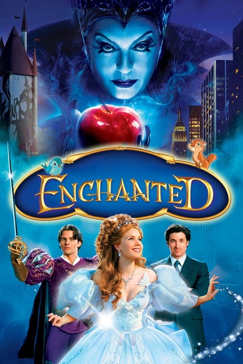 This movie poster features a magical, ethereal atmosphere with a blue-toned color palette. The central focus is on a young woman in a white gown, surrounded by glowing magical effects. Above her, a mysterious blue figure looms, while two men in formal attire stand beside her. The title "Enchanted...