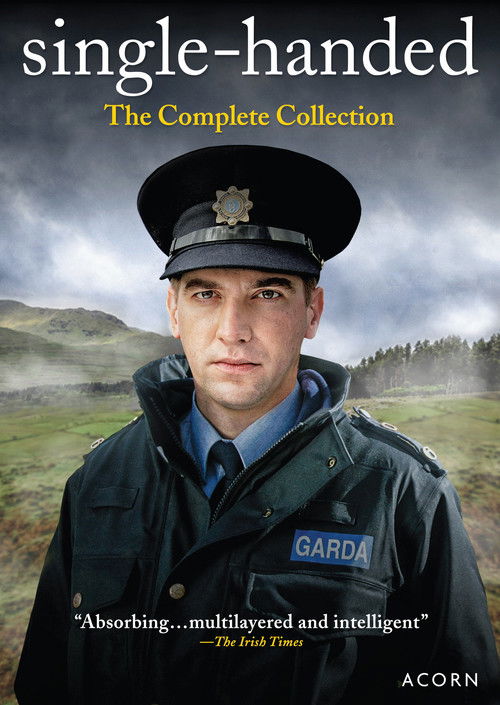 The poster features a man in a dark uniform with a badge, standing against a moody, overcast sky. The muted greens and browns of the landscape create a somber atmosphere. The title "single-handed" is prominent at the top, emphasizing the character's unique role.