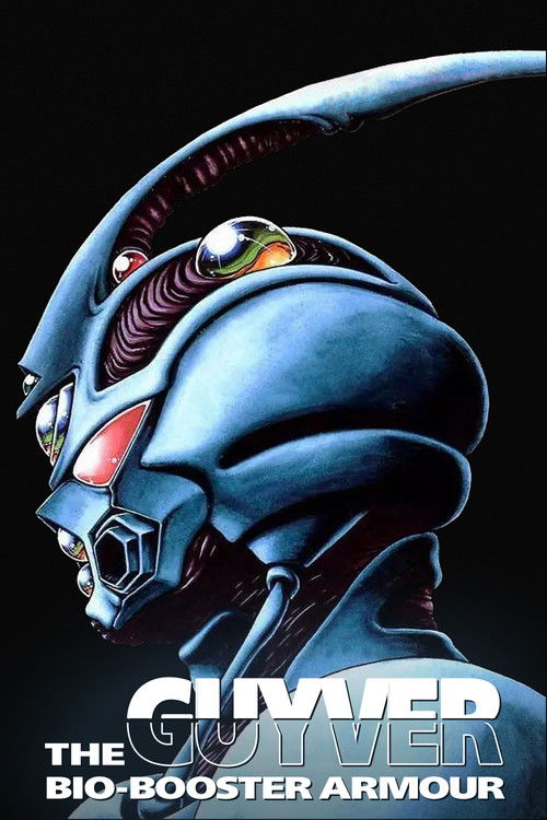 The poster features a striking close-up of a character in a sleek, metallic blue helmet with glowing red eyes and intricate mechanical details. The dark background emphasizes the cool tones of the armor, creating a mysterious and futuristic atmosphere. The bold, metallic text "GUYVER" and "THE BI...