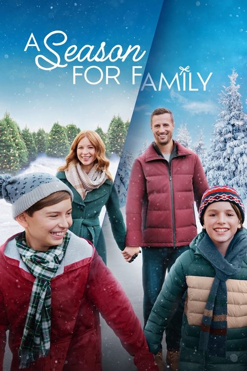 The poster features four smiling family members in winter attire against a snowy backdrop, evoking warmth and togetherness. The title "A Season for Family" is elegantly displayed in white script, while the vibrant reds, greens, and blues of the clothing and background create a cheerful, inviting ...