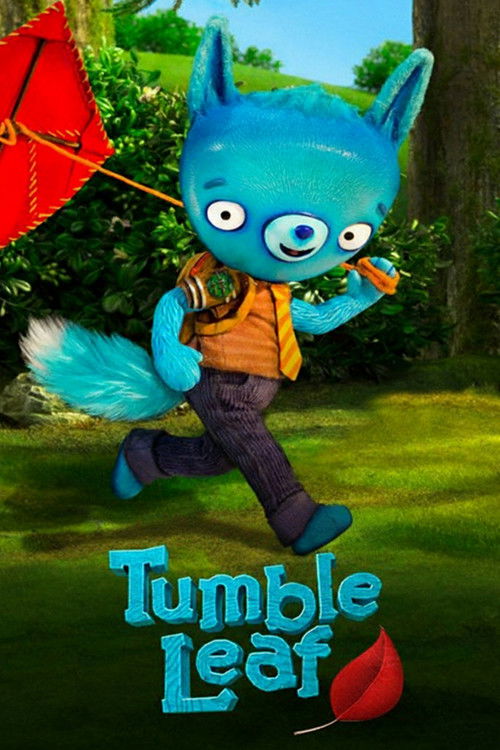 The cartoon features a blue, anthropomorphic character with large expressive eyes and a fluffy tail, dressed in an orange shirt and dark pants, running joyfully through a lush green park. The vibrant red umbrella and bright colors create a cheerful and playful atmosphere, capturing the whimsical ...