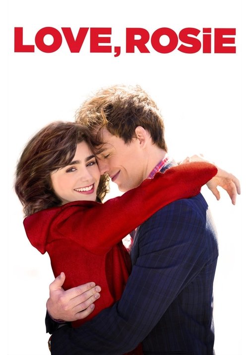 The poster features a tender embrace between a smiling woman in a red sweater and a man in a navy suit, conveying warmth and affection. Bold red text at the top reads "LOVE, ROSIE," setting a romantic tone.
