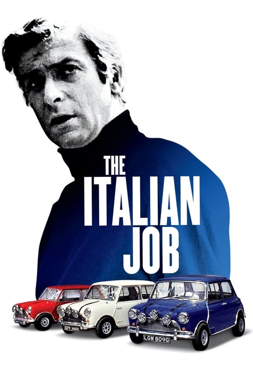 The poster features a striking black-and-white portrait of a man in a blue shirt, with the title "THE ITALIAN JOB" prominently displayed. Below, vintage cars in red, white, and blue suggest a classic era setting. The mood is dramatic yet nostalgic, evoking the gritty realism of the film's story.
