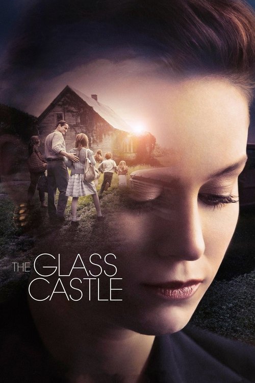 The poster features a close-up of a woman's face, her eyes closed, with a serene, dreamlike atmosphere. Behind her, a rural scene shows a family walking toward a barn under a warm sunset glow. The title "The Glass Castle" is elegantly displayed in white text. The overall mood is nostalgic and ref...
