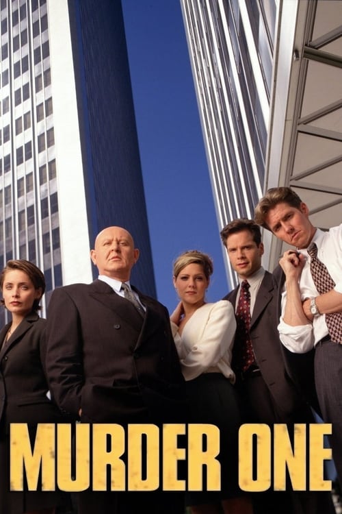 The poster features a group of professional-looking characters in business attire against a backdrop of towering skyscrapers under a bright blue sky. The bold yellow text "MURDER ONE" dominates the bottom, suggesting a dramatic and serious tone. The overall mood conveys authority and intrigue, hi...