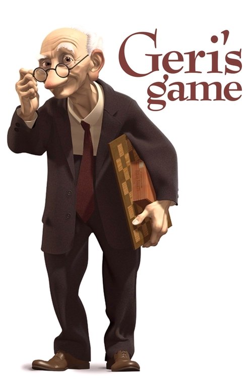 The cartoon depicts an elderly man in a suit and glasses, holding a book and smoking a cigarette, exuding a scholarly yet humorous vibe. The warm brown tones of the suit and the book contrast with the bright yellow background, creating a playful atmosphere. The title "Geri's Game" is prominently ...