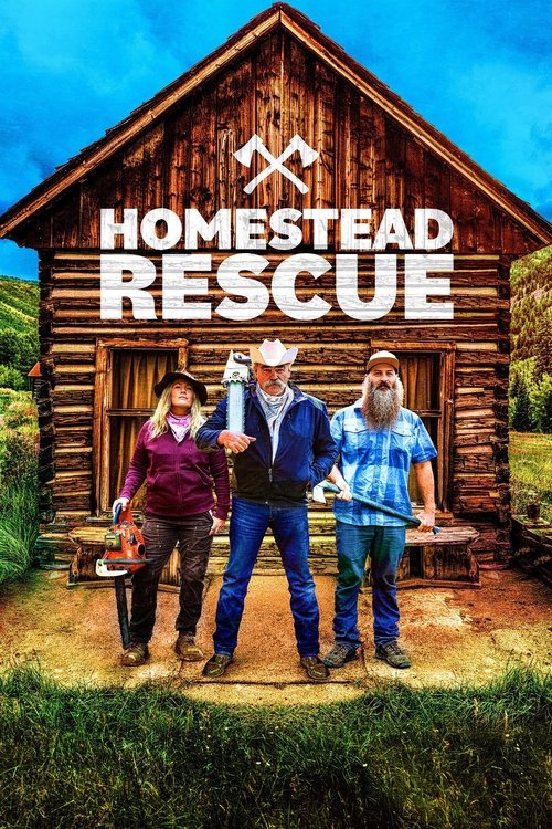 The poster features three rugged men in cowboy hats standing before a rustic log cabin with the bold title "Homestead Rescue." The warm earth tones of the cabin contrast with the vibrant blue sky, evoking a sense of adventure and resilience.