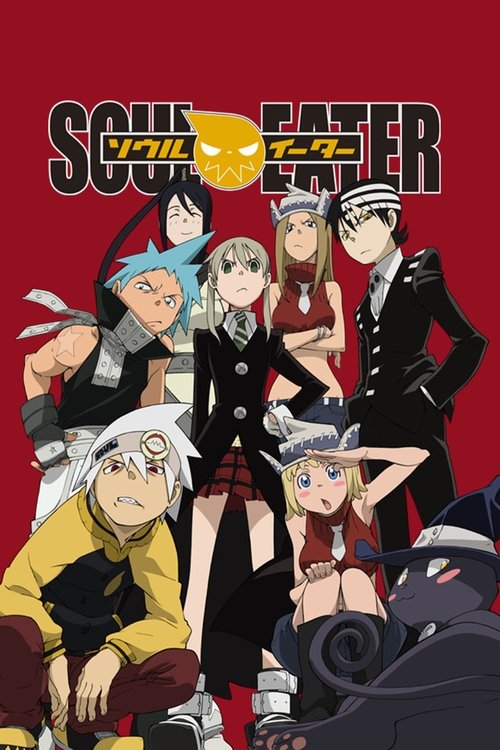 This vibrant anime poster features a group of characters from "Soul Eater" against a bold red background, exuding an energetic and playful mood. The characters are depicted in dynamic poses, with some wearing black uniforms and others in colorful outfits, highlighting the show's unique blend of s...