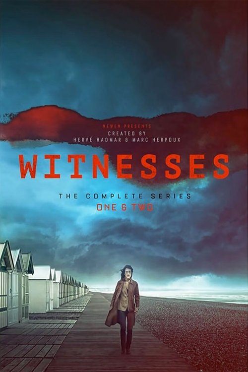 The poster features a lone figure walking down a deserted beach under a stormy sky, evoking a sense of mystery and isolation. The dramatic red sky and dark clouds create a moody atmosphere, while the title "Witnesses" stands out in bold red letters.