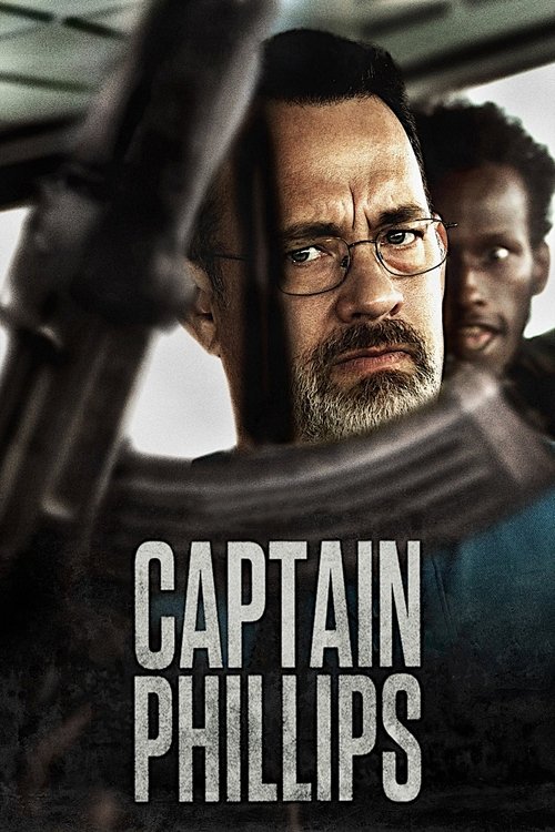The poster features a gritty, moody scene with a man in glasses and a beard, his expression serious and intense, framed by the dark, industrial atmosphere of a ship's interior. The muted color palette of grays and blacks evokes a sense of tension and danger, while the bold, white text "CAPTAIN PH...