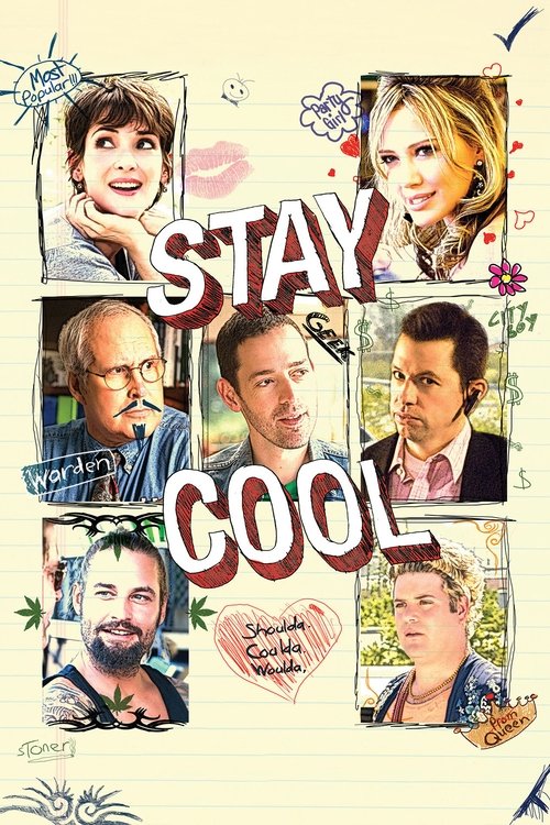 This movie poster features a collage of seven characters with expressive faces, set against a warm, vintage-inspired background. The bold red and white text "STAY COOL" stands out prominently, evoking a nostalgic, upbeat atmosphere. The overall design suggests a comedic, family-oriented film with...
