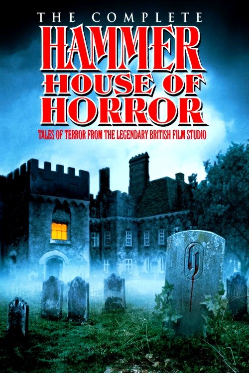 The poster features a spooky haunted house with a dark, eerie atmosphere. The title "Hammer House of Horror" is prominently displayed in bold red letters. A mysterious figure in a black coat stands in the foreground, adding to the unsettling mood. The overall color palette is dark with hints of b...
