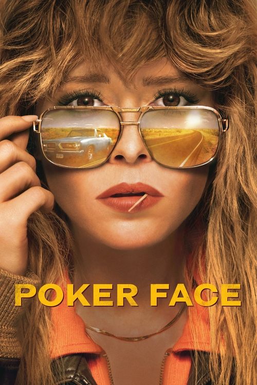 The poster features a glamorous woman with voluminous hair and large, reflective sunglasses, exuding confidence and allure. The warm orange tones of her clothing and the bold yellow text create a striking, energetic atmosphere that hints at the show's high-stakes poker theme.