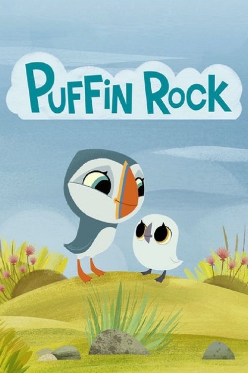 The poster features a playful cartoon penguin and chick on a sunny beach, with the title "Puffin Rock" in whimsical blue letters. The vibrant yellow sand, green grass, and soft blue sky create a cheerful, inviting atmosphere that suggests a fun, family-friendly adventure.