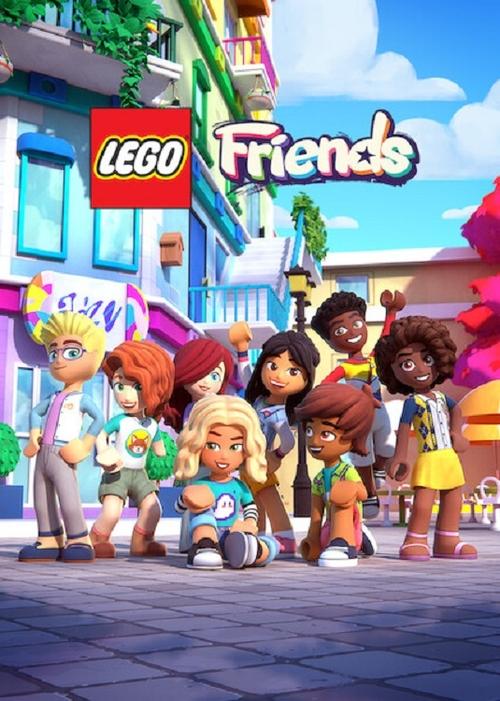 The poster showcases a vibrant LEGO Friends scene with colorful characters in a lively urban setting. Bright blues, greens, and yellows dominate the scene, creating a cheerful and energetic atmosphere. The characters are posed dynamically, suggesting fun and adventure. The overall mood is playful...