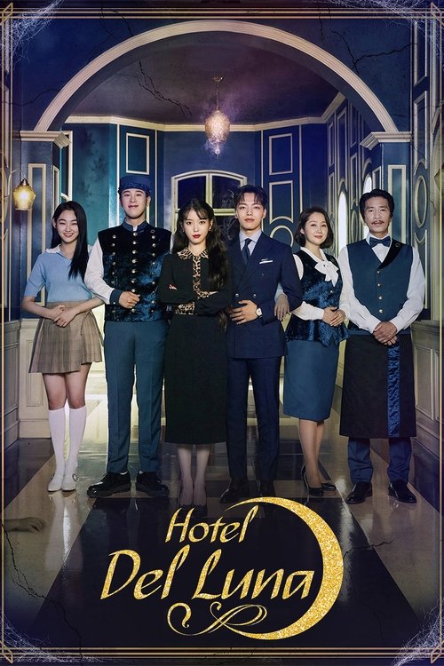 The poster features six characters in elegant, period-appropriate attire against a dark, moody background with warm lighting. The central figure stands confidently while others pose gracefully, creating an intimate and dramatic atmosphere. The golden crescent moon and elegant typography evoke a r...
