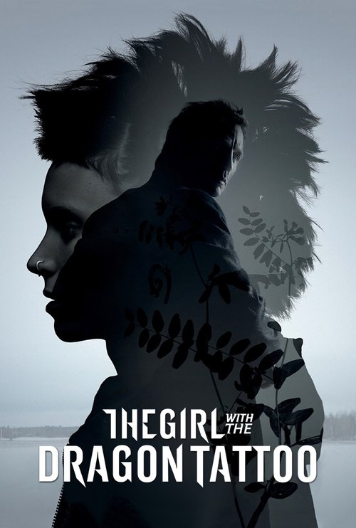 The poster features a dark, moody scene with silhouettes of two people facing each other against a pale background. The title "The Girl with the Dragon Tattoo" is prominently displayed in bold white letters. The overall mood is mysterious and intense, evoking a sense of intrigue and suspense.