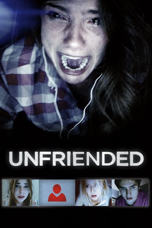 The poster features a woman with an intense, wide-eyed expression against a dark background, evoking fear or confusion. Below her, the title "UNFRIENDED" is prominently displayed in bold white letters. Smaller images of other characters appear at the bottom, suggesting a group dynamic. The overal...