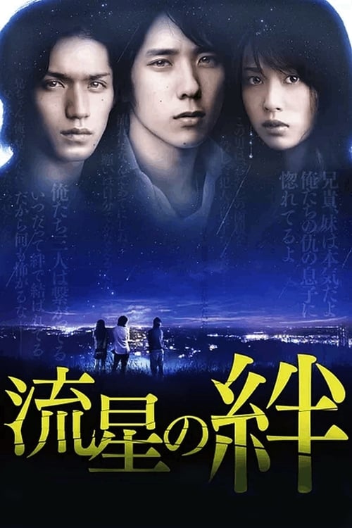 The poster features three young people with intense, serious expressions against a dark, starry background. The title "Ties of Shooting Stars" is prominently displayed in bold yellow text at the bottom, evoking a sense of mystery and drama. The overall mood is somber and atmospheric, suggesting a...
