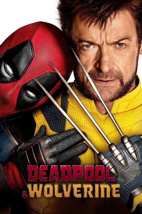 This movie poster features Hugh Jackman as Wolverine and Deadpool, with the iconic red and black Deadpool mask and yellow and blue costume. The mood is intense and action-packed, with the characters' expressions conveying determination and readiness for battle.